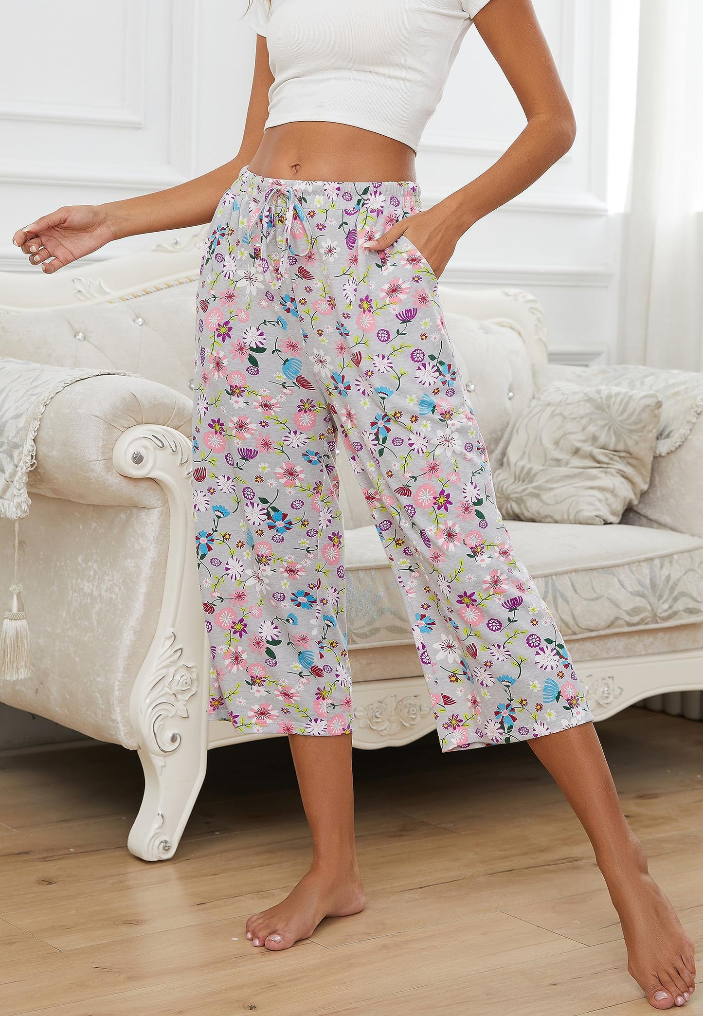 Kabento 2 Pack Womens Pajama Pants Capri Sleep Lounge Pants Drawstring Pj Bottoms with Pockets, Grey & Flowers, Large