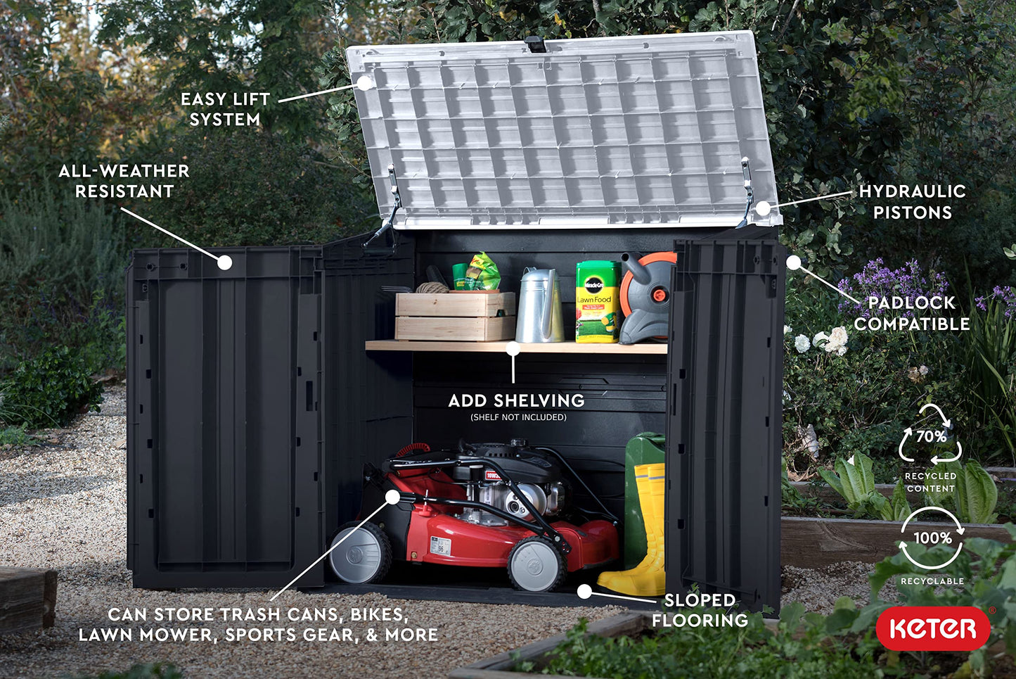 Keter Store-It-Out Prime 4.3 x 3.7 ft. Outdoor Resin Storage Shed with Easy Lift Hinges, Perfect for Yard Tools, Pool Floats and Garden Accessories, Black