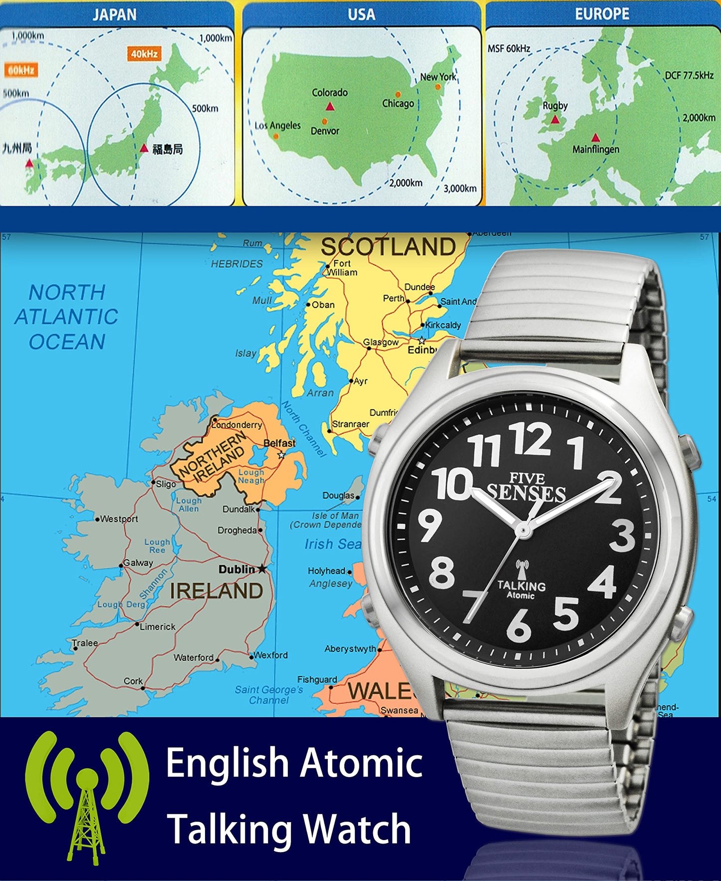 FIVE SENSES Atomic Talking Watch Seniors Men Women Loud Talking Sound Alarm for Visually Impaired (Dark Grey)