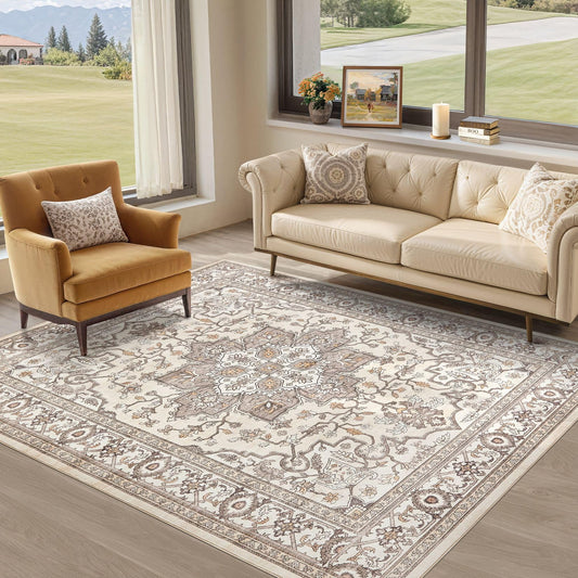 ESEOE Washable 3X5 Area Rugs: Soft Vintage Rug Neutral Farmhouse Non-Slip Stain Resistant Indoor Carpet for Living Room Bedroom Dining Room Dorm Office (Brown,3'x5')