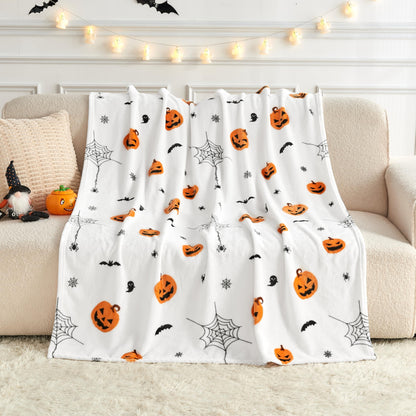 Edenleaf Soft Cozy Halloween Blanket, Spooky Pumpkin Bat Spider Webs Print White Throws for Couch Bed Home Decoration Gifts, Fuzzy Fleece Halloween Throw Blanket for Kids Adults 50"x60" (White)