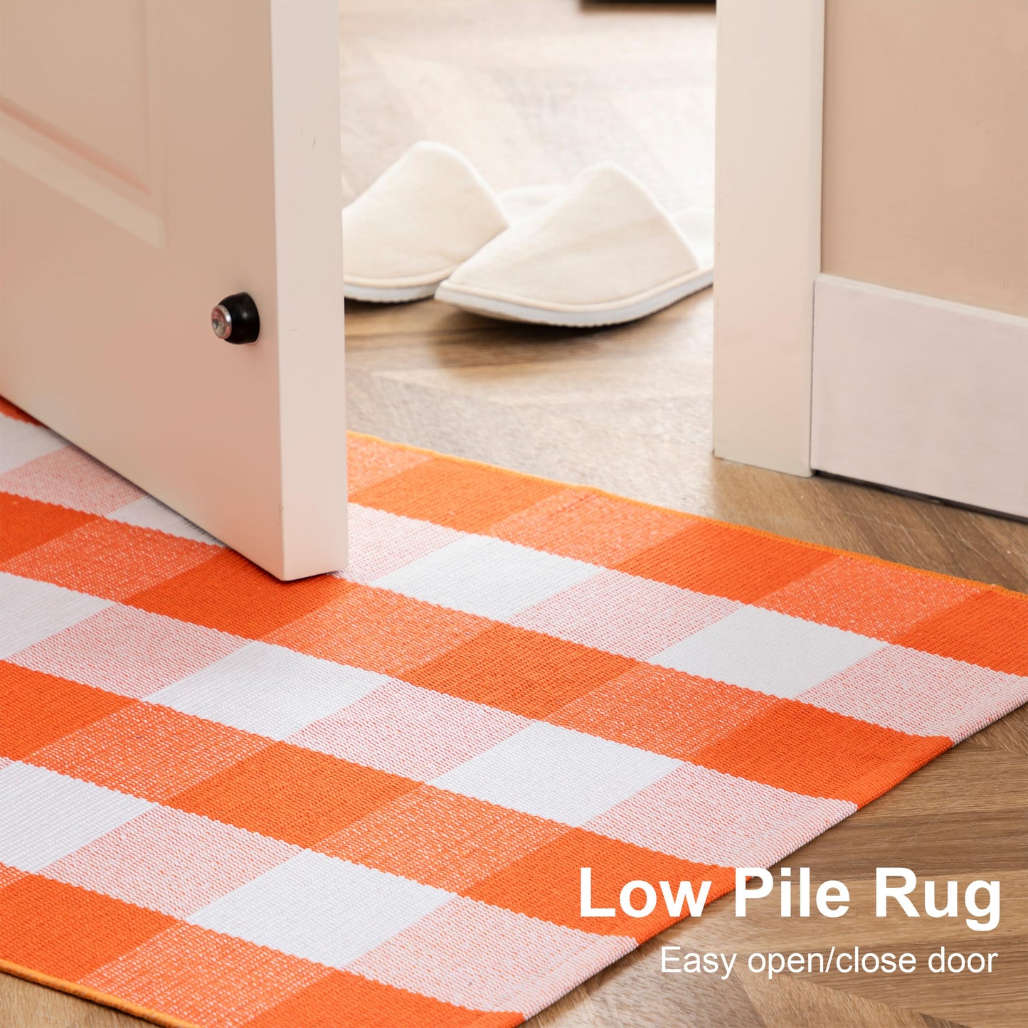 joybest Fall Buffalo Plaid Rug 27.5 x 43 Inch Orange White Front Door Mat, Cotton Hand-Woven Checkered Outdoor Rug for Front Porch, Farmhouse, Entryway