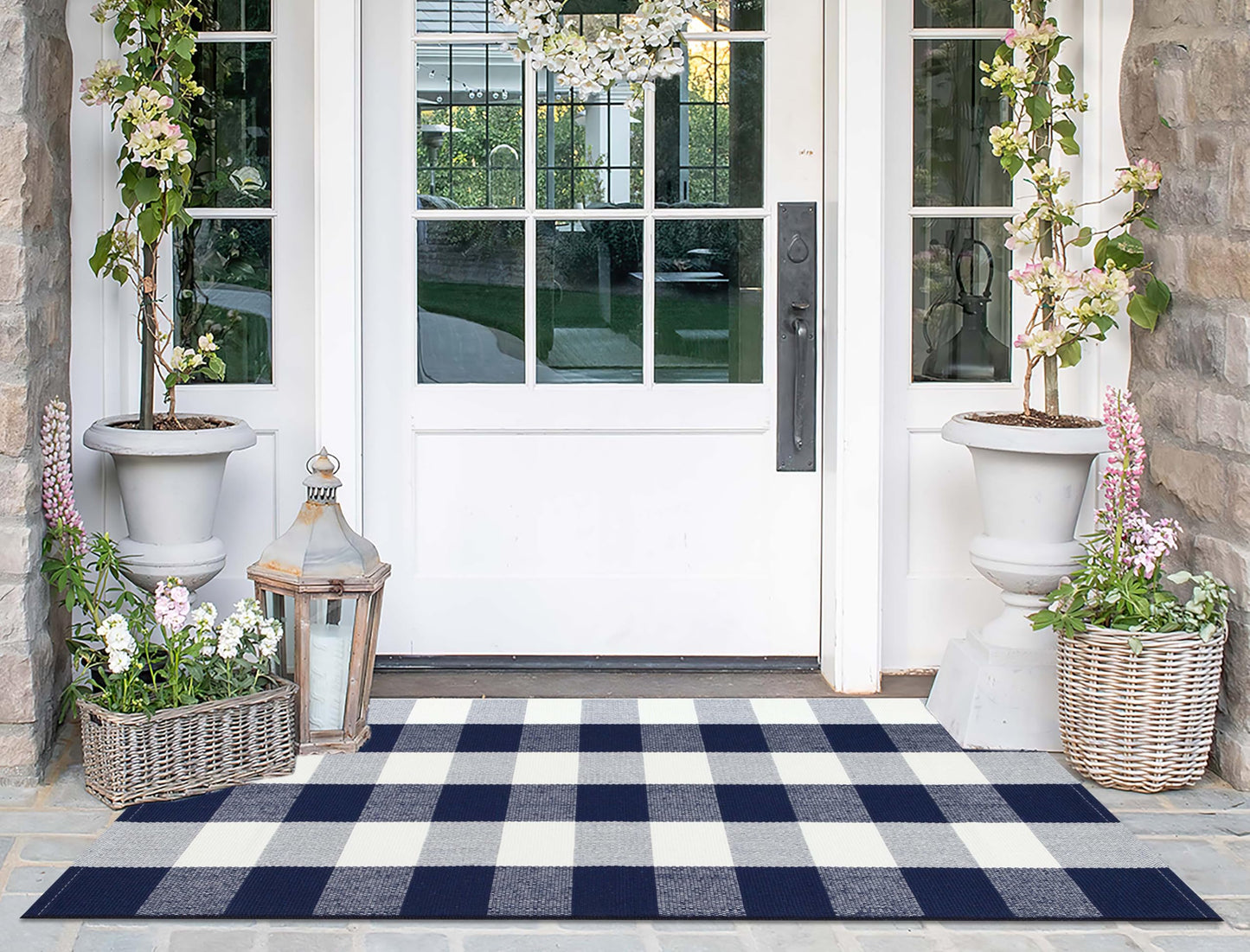 Front Porch Rug 2'X4.3' Blue and White Checkered Outdoor Rug Cotton Woven Washable Halloween Layering Door Mat for Welcome Mat Entryway Bedroom Living Room
