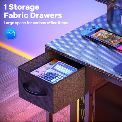 Eivanet 47 inch Gaming Desk with USB Charging Ports and LED Light, Reversible L Shaped Desk, L Shaped Desk with Hook & Monitor Stand, Computer Desk with Drawer and Shelves for Home Office Bedroom