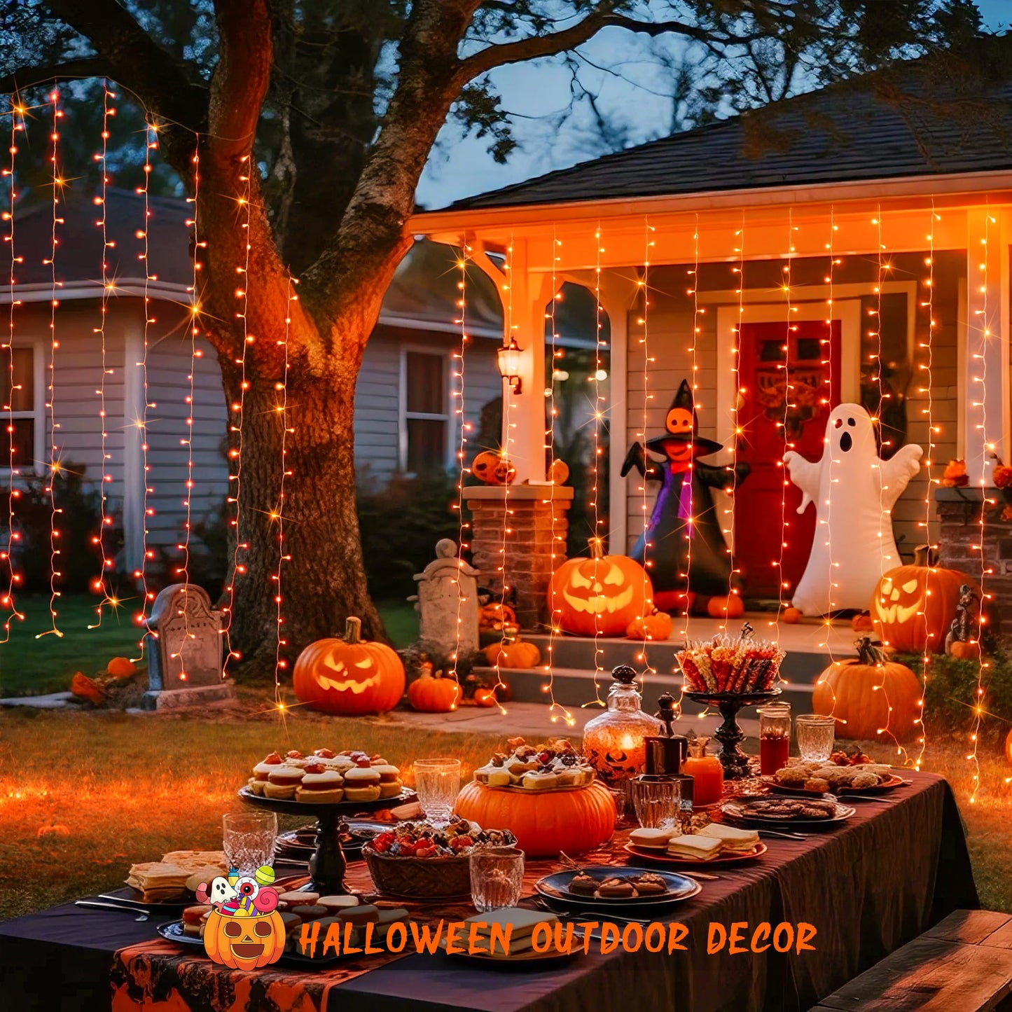 JMEXSUSS 300LED Orange Halloween Lights with Remote, 9.8x9.8ft Halloween Curtain Light, 8 Modes Orange Hanging String Lights Plug in for Fall Bedroom Thanksgiving Window Party Indoor Outdoor Decor