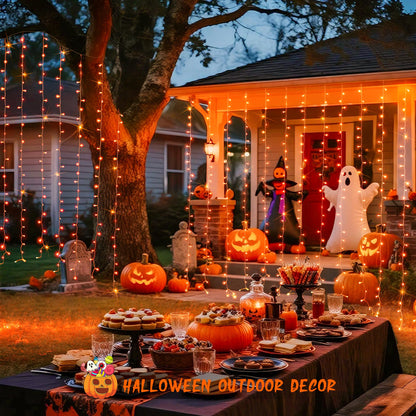 JMEXSUSS 300LED Orange Halloween Lights with Remote, 9.8x9.8ft Halloween Curtain Light, 8 Modes Orange Hanging String Lights Plug in for Fall Bedroom Thanksgiving Window Party Indoor Outdoor Decor
