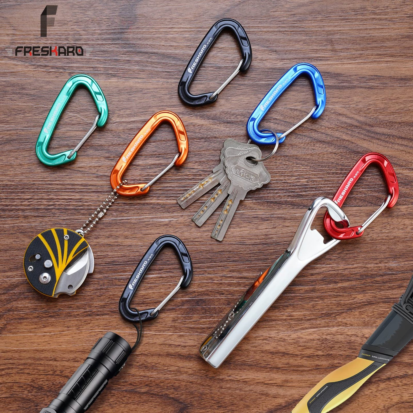 FresKaro 5pack Carabiner Clips Heavy Duty, Small Sturdy Key Keychain Accessory, Strong High Strength 8kN/1798lbs, Wire Gate, Ultra Lightweight, 7075 Aluminum, Rust Free, D-Shape, Orange
