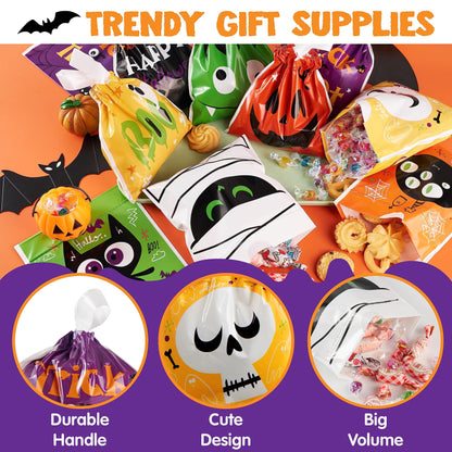JOYIN 108 PCS Halloween Drawstring Treat Bags with 9 Character Designs, Mini Halloween Goodie Candy Bags, Plastic Gift Bag Bulk for Kids Boys Girls Trick or Treating, Party Favor Supplies