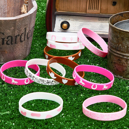 Cowgirl Silicone Bracelets Western Party Bracelets Colored Stretch Wristbands for Western Themed Birthday Halloween Party Supplies, 6 Different Patterns