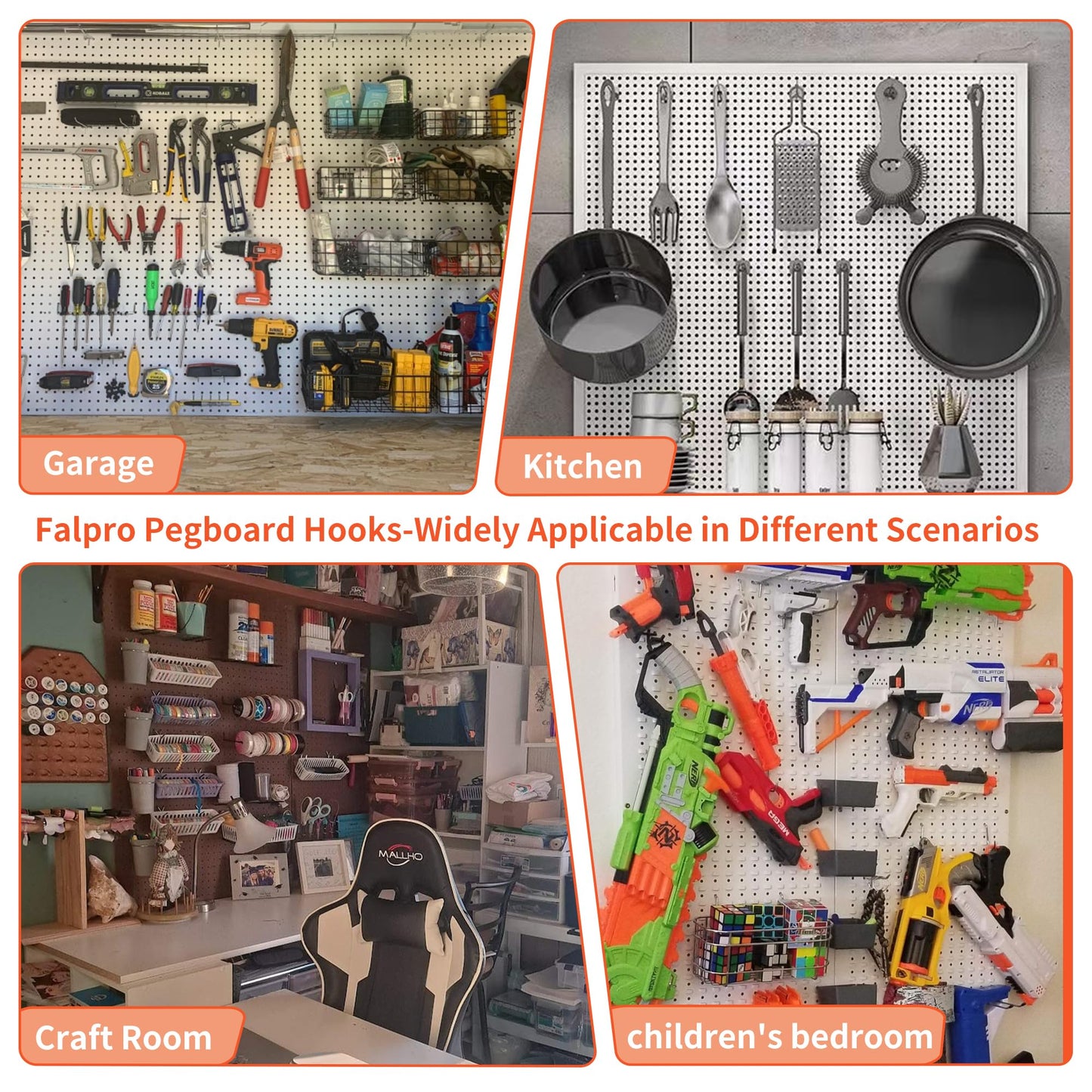 FALPRO 240PCS Pegboard Hooks Assortment, Pegboard Organizer Kit with Bins, Cups, 1/8 and 1/4 inch Hooks for Hanging Tools, Garage Wall Organization