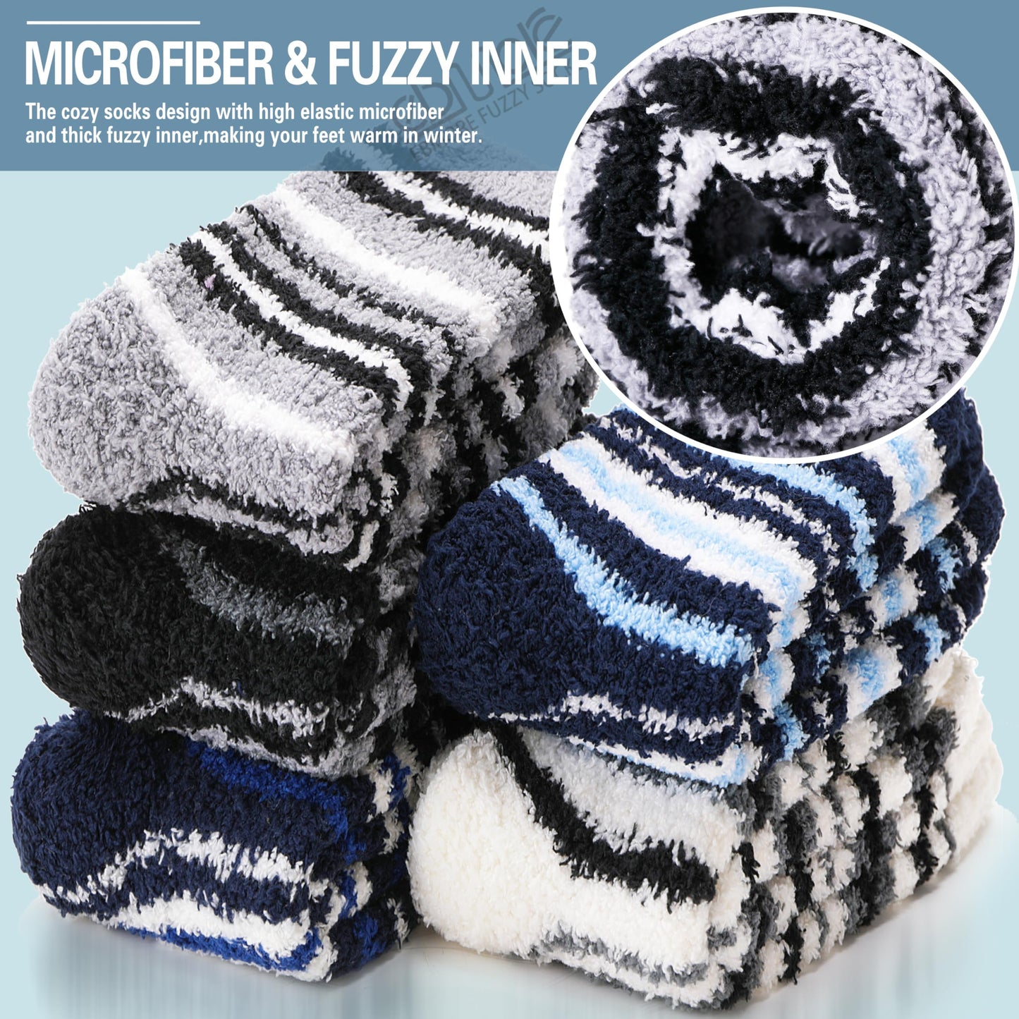 EBMORE Fuzzy Socks - Men & Women's Fluffy Warm Winter Thick Cozy Slipper Cabin Soft Stocking Stuffers Socks (Dark Stripes)