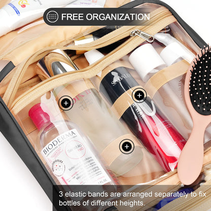 COOSKY Travel Hanging Toiletry Bag for Women, with Jewelry Organizer Compartment, Medium Waterproof Hanging Makeup Accessories, Cosmetic Essentials, Toiletries Dopp Kit Set with Trolley Belt, Black