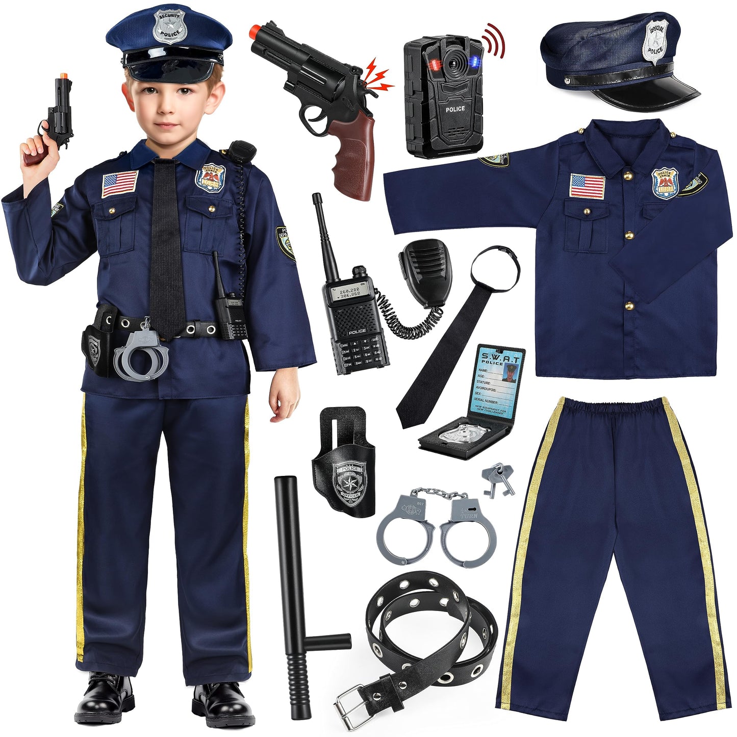 Joycover Police Officer Costume for Kids - Deluxe Police Costume for Kids with Accessories, Kids Halloween Costumes for Boys Girls, Cop Outfit Role Play Kit for Halloween Career Day-S