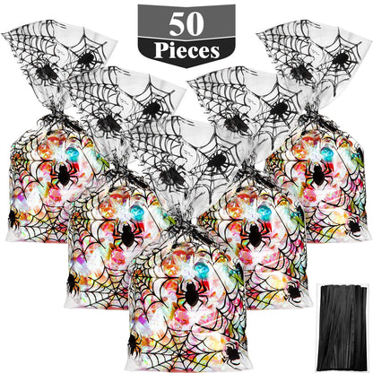 HESTYA 50 Counts 15 x 25 cm Halloween Cellophane Treat Bags Spider Clear Candy Bags with 400 Piece Twist Ties for Halloween Party Favor Supplies