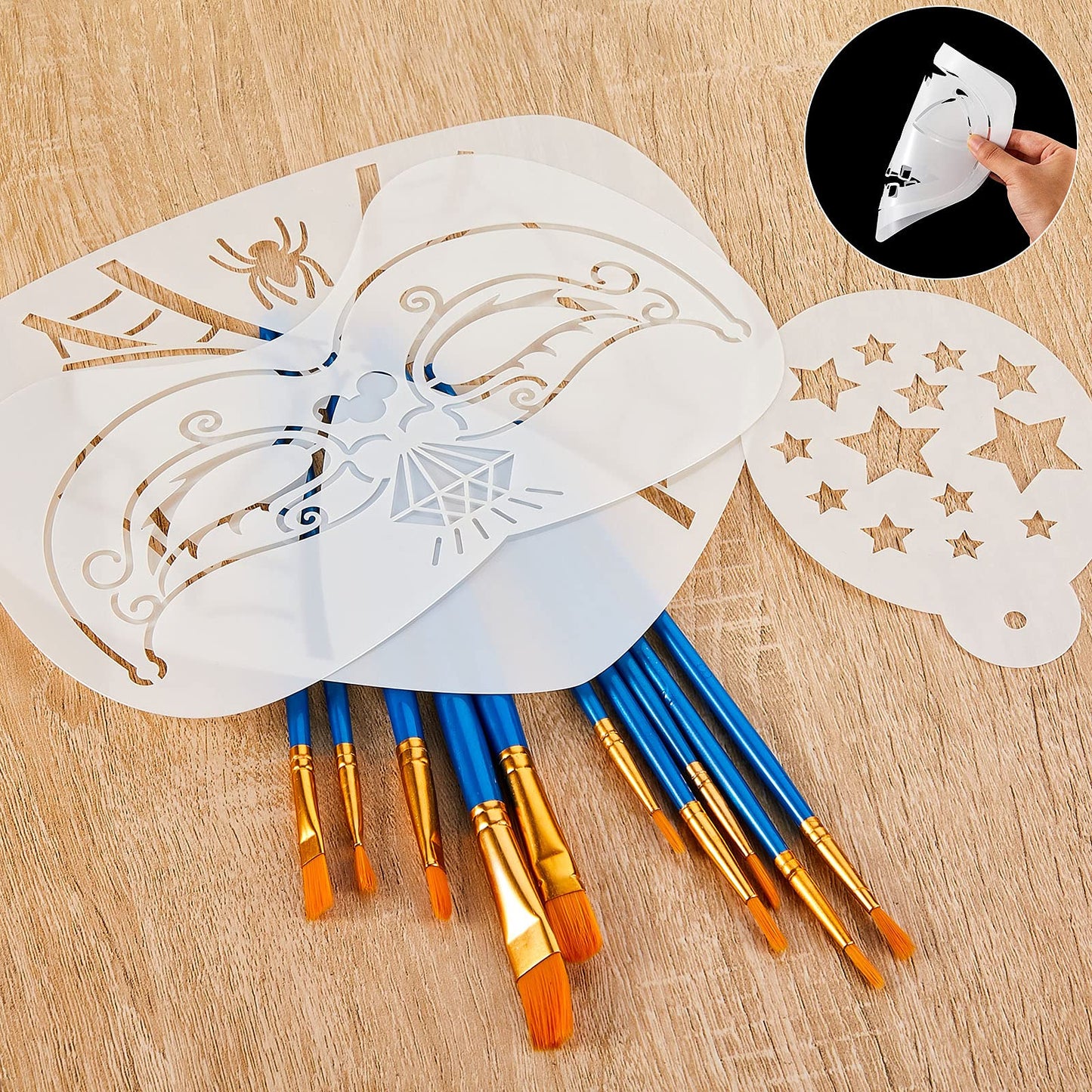 Containlol 40 Pcs Halloween Face Paint Stencils Face Painting Kit Include 30 Pumpkin Paint Stencils Masquerade Painting Stencil Bat Face Stencils 10 Paint Brushes for Face Drawing Makeup Holiday Party