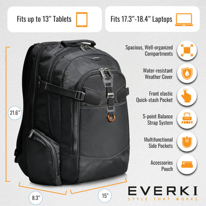 EVERKI Business 120 Laptop Backpack with Rain Cover, 40L Capacity, Large Compartment for Laptops Up to 18.4", 180° Fold-Out Design, Padded Pocket, Durable Design with Multiple Pockets – EKP120 - Black