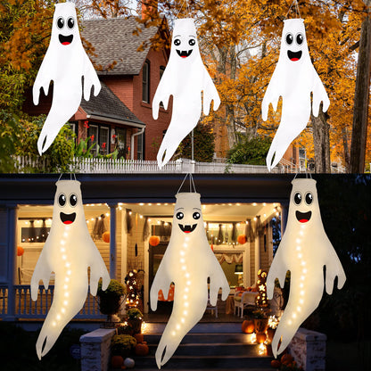 3PCS 43 Inch Halloween Ghost Windsocks Hanging Decorations - Flag Wind Socks for Home Yard Outdoor Decor Party Supplies (Batteries Not Included,No Timer)