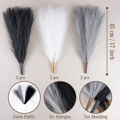 EVODIS Faux Pampas Grass Decor, 18"/45cm Artificial Pampas Grass Fluffy 6 Stem pompous Flower Arrangement for Boho Home Wedding Decoration (Black,White,Grey)