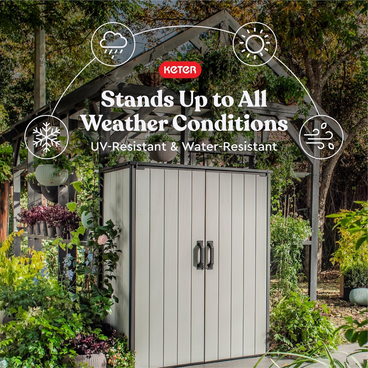 Keter Premier Tall 4.6 x 5.6 ft. Resin Outdoor Storage Shed with Shelving Brackets for Patio Furniture, Pool Accessories, and Bikes, Grey & Black