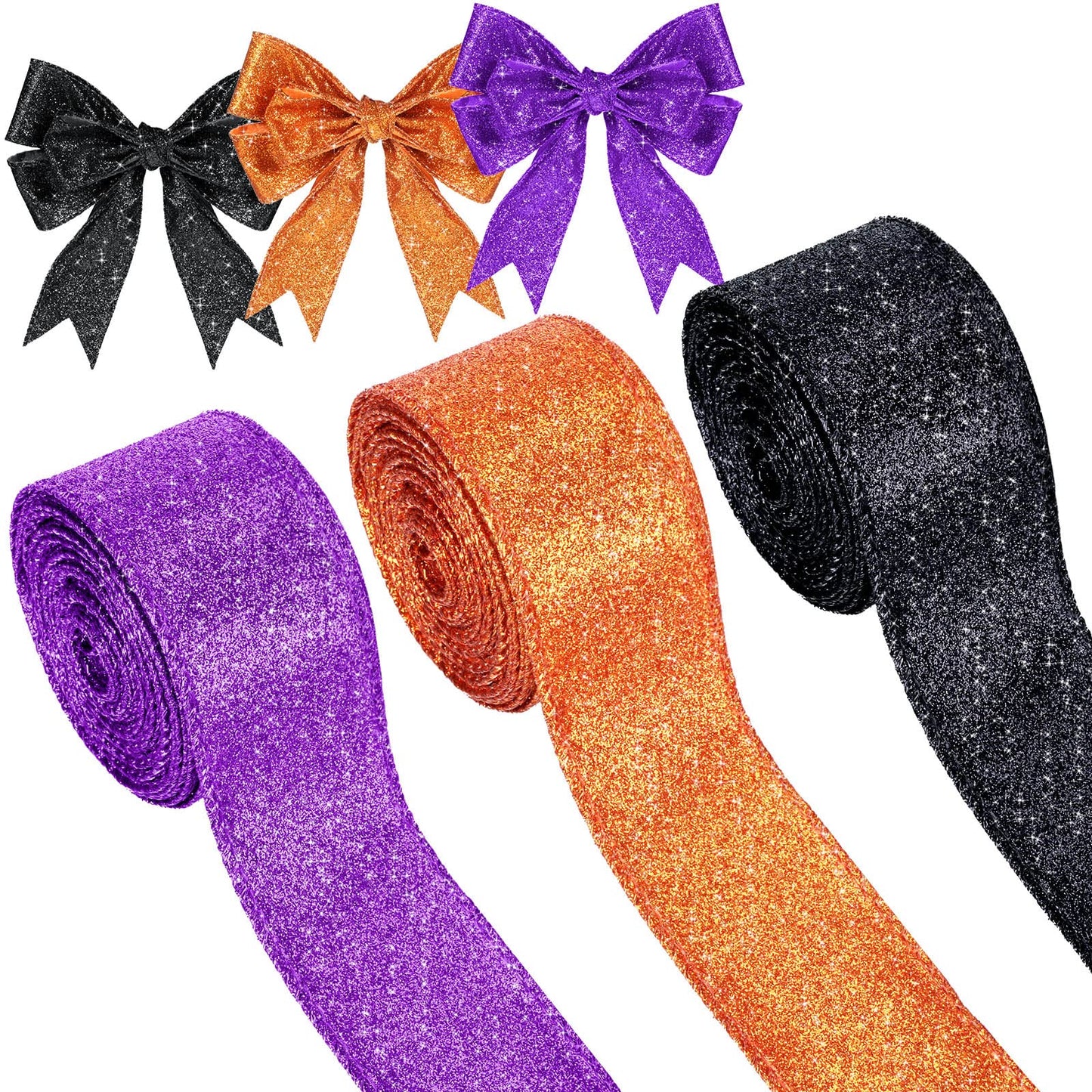 Juinte 3 Roll 30 Yards Halloween Glitter Wired Ribbon Halloween Party Favors Decor Gift Wrapping Ribbon for Craft Headband Bow Decor(1.5 Inch,Black, Orange, Purple)