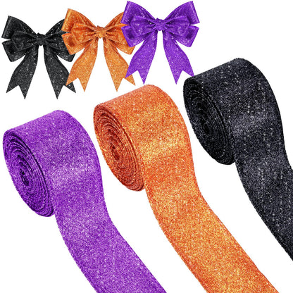 Juinte 3 Roll 30 Yards Halloween Glitter Wired Ribbon Halloween Party Favors Decor Gift Wrapping Ribbon for Craft Headband Bow Decor(1.5 Inch,Black, Orange, Purple)