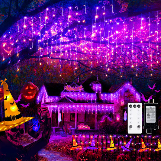 FLVOECN 480 LED 49FT Halloween Lights Plug in 8 Modes with Timer Dimmable Halloween Decorations Outdoor Waterproof String Lights for Roof Porch Garden Holiday Wedding Party Decor Orange Purple