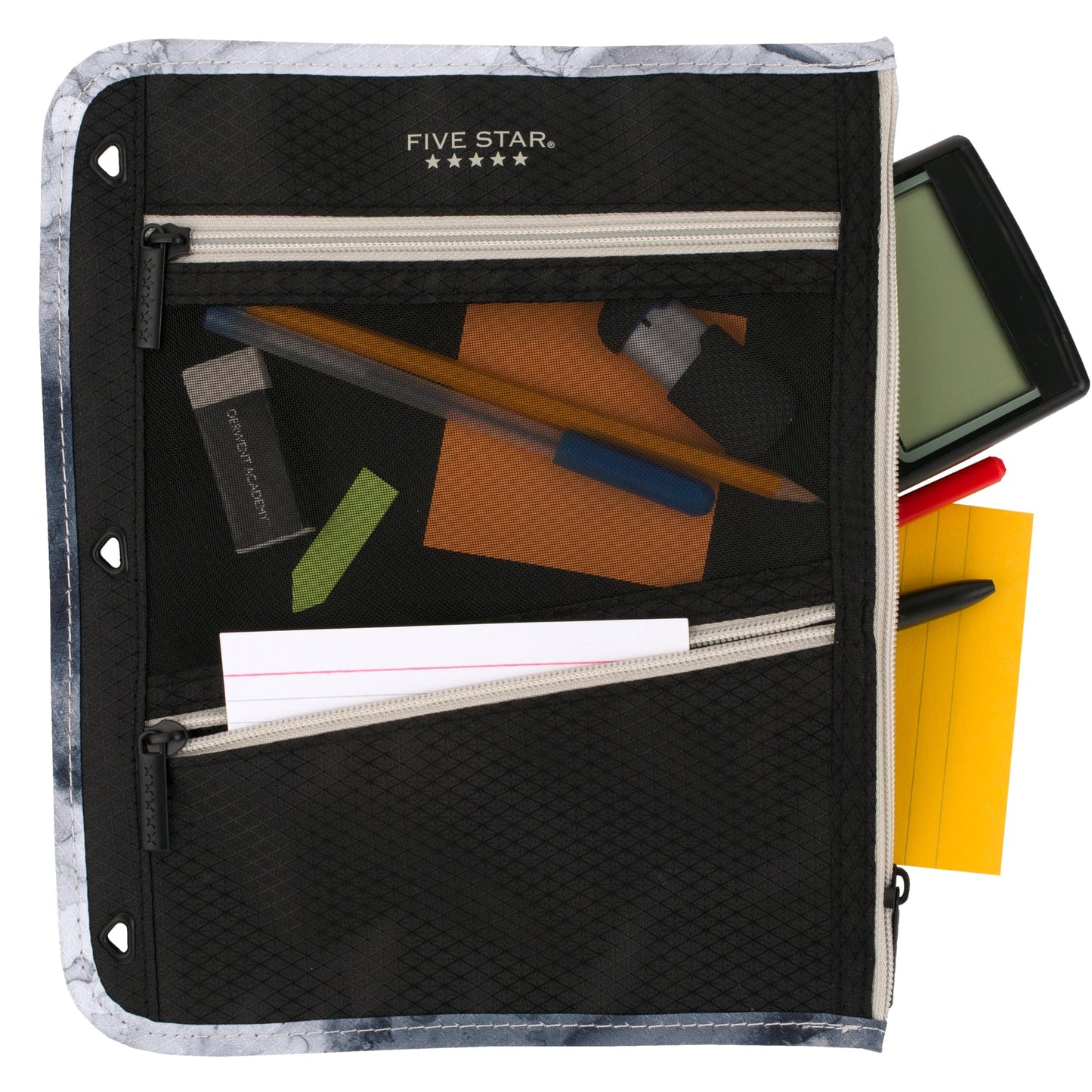 Five Star Pencil Pouch, Pen Case, 3-Pocket Zipper Pouch, Fits 3-Ring Binder, Storage Organizer for Classroom Supplies Earbuds Chargers Cables Makeup, Black/Grey (506420A-ECM)