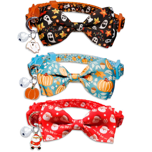 3 Pack Holiday Cat Collar with Bow and Bell, Halloween Thanksgiving Christmas Cat Collar for Boys and Girls Kitties Kittens