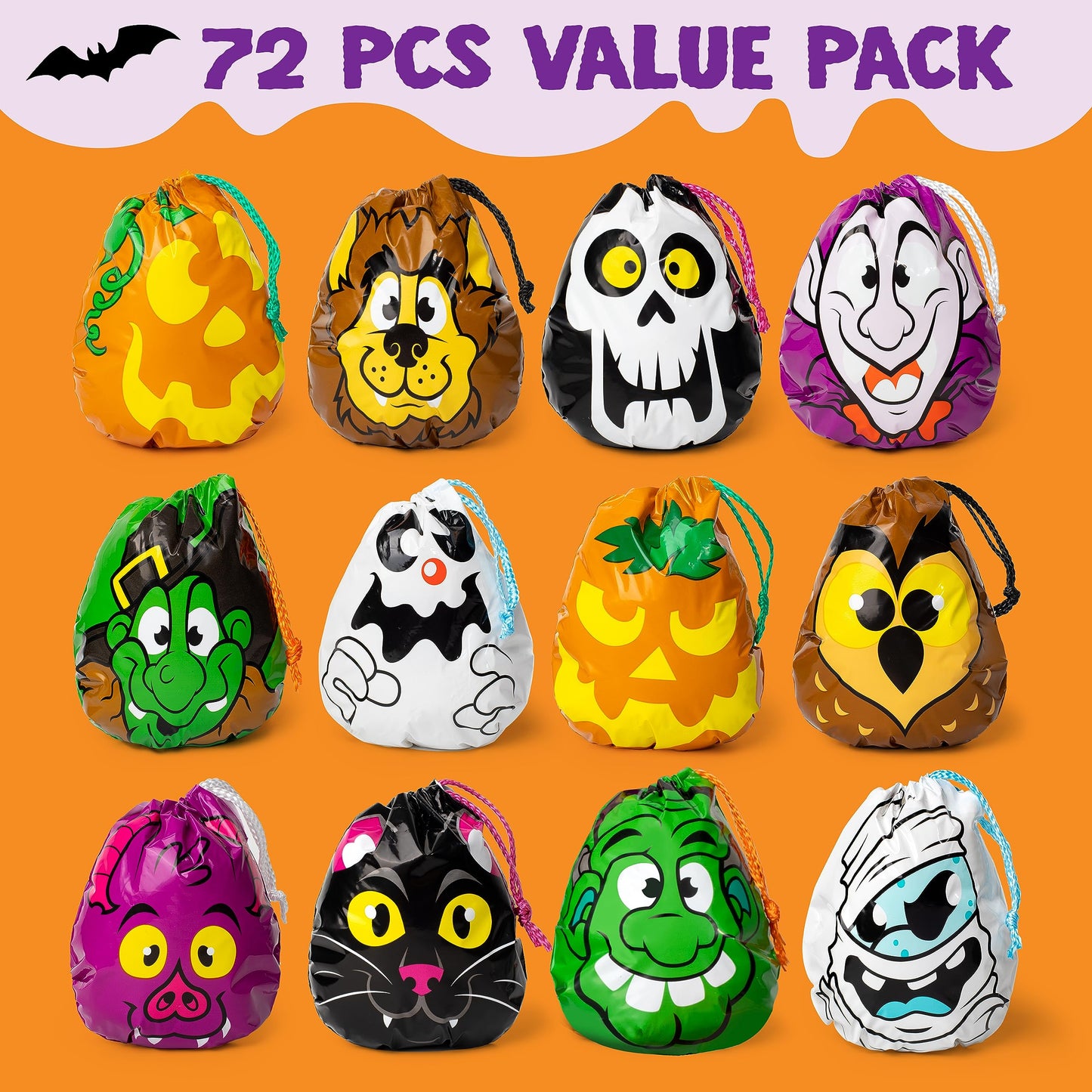 JOYIN 72PCS Halloween Drawstring Goody Bags, Halloween Treats Bags, Trick or Treat Bag, Goodie Candy Gift Bag Bulk for Kids Trick or Treating, Party Favors Supplies, 12 Designs Classroom Gifts Prizes