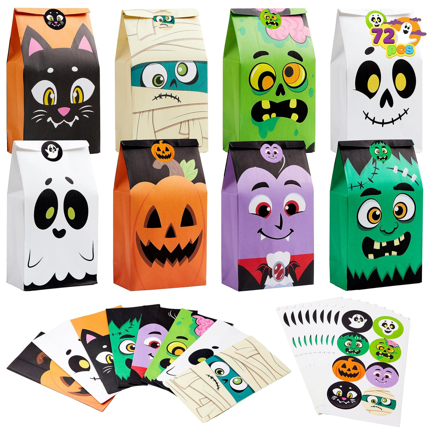 JOYIN 72PCS Halloween Treat Bags, Candy and Goodie Bags, 6 Styles with Stickers, Party Supplies for Kids Halloween Party Favors Exchange, Holiday Pastries Supplies