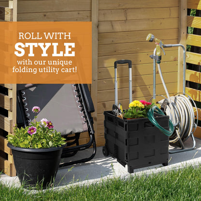 Inspired Living Ultra-Slim Rolling Collapsible Storage Pack-N-Roll Utility-carts, with Telescopic Handle, for Home, Garden, Shopping, Office, School use, Medium, Black