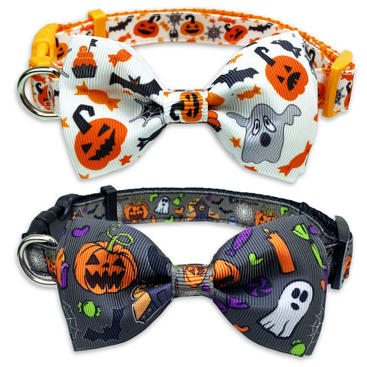 2 Pack Halloween Dog Collar with Bowtie, Holiday Jack-O-Lantern and Pumpkin Collar for Small Medium Large Dogs Pets Puppies (Large)