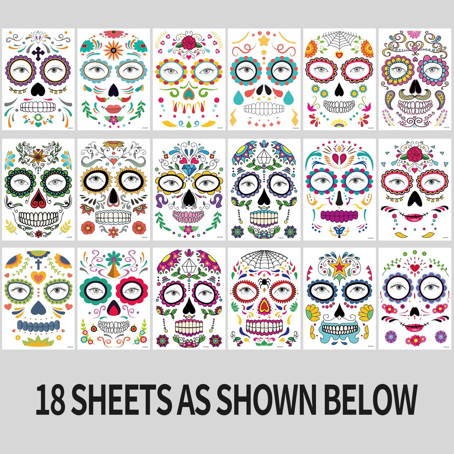 18 Pack Day of the Dead Face Tattoos, Sugar Skull Catrina Makeup Kit, Halloween Mask Temporary Tattoo Stickers, Skeleton Paint Dia de los Muertos Decorations, Accessories, Favors & Costumes