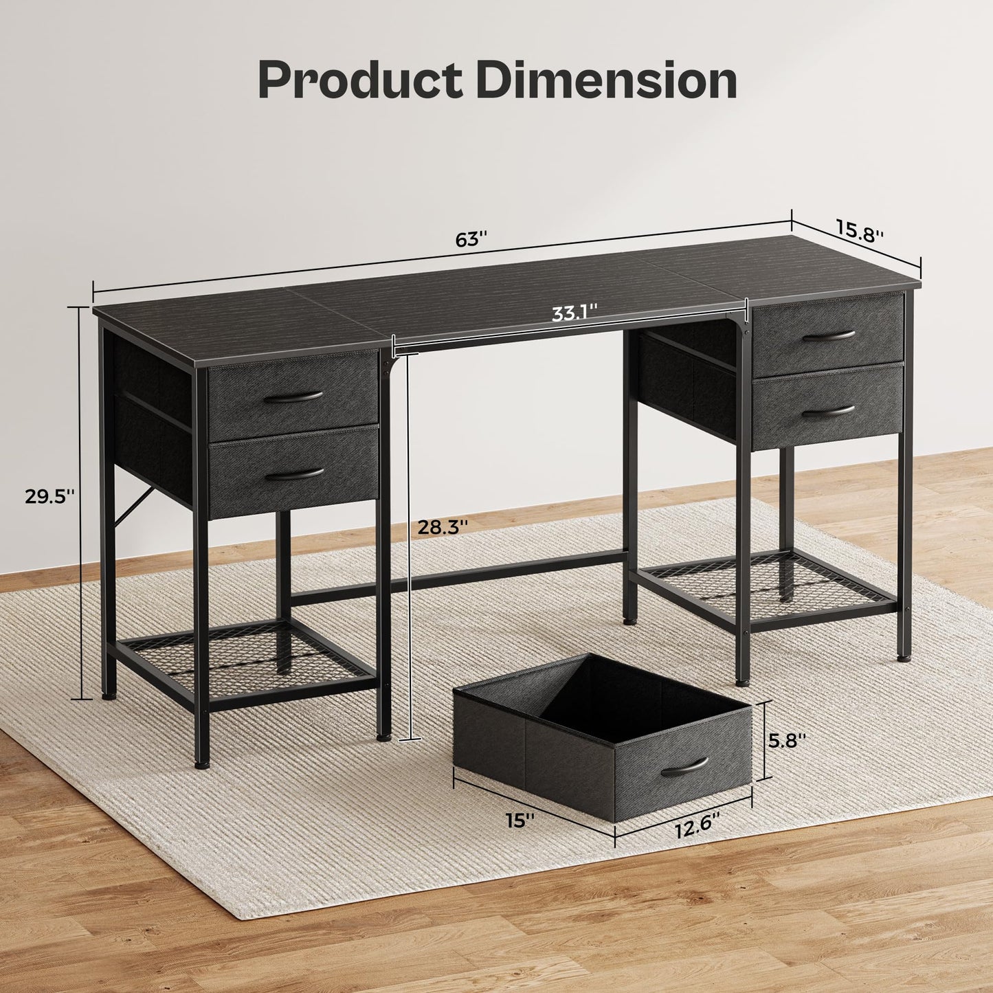 Huuger 63 Inch Computer Desk with 4 Drawers, Mesh Shelf, Gaming, Large Storage, Writing Work Desk for Home, Study, Bedroom, Work from Home, Black