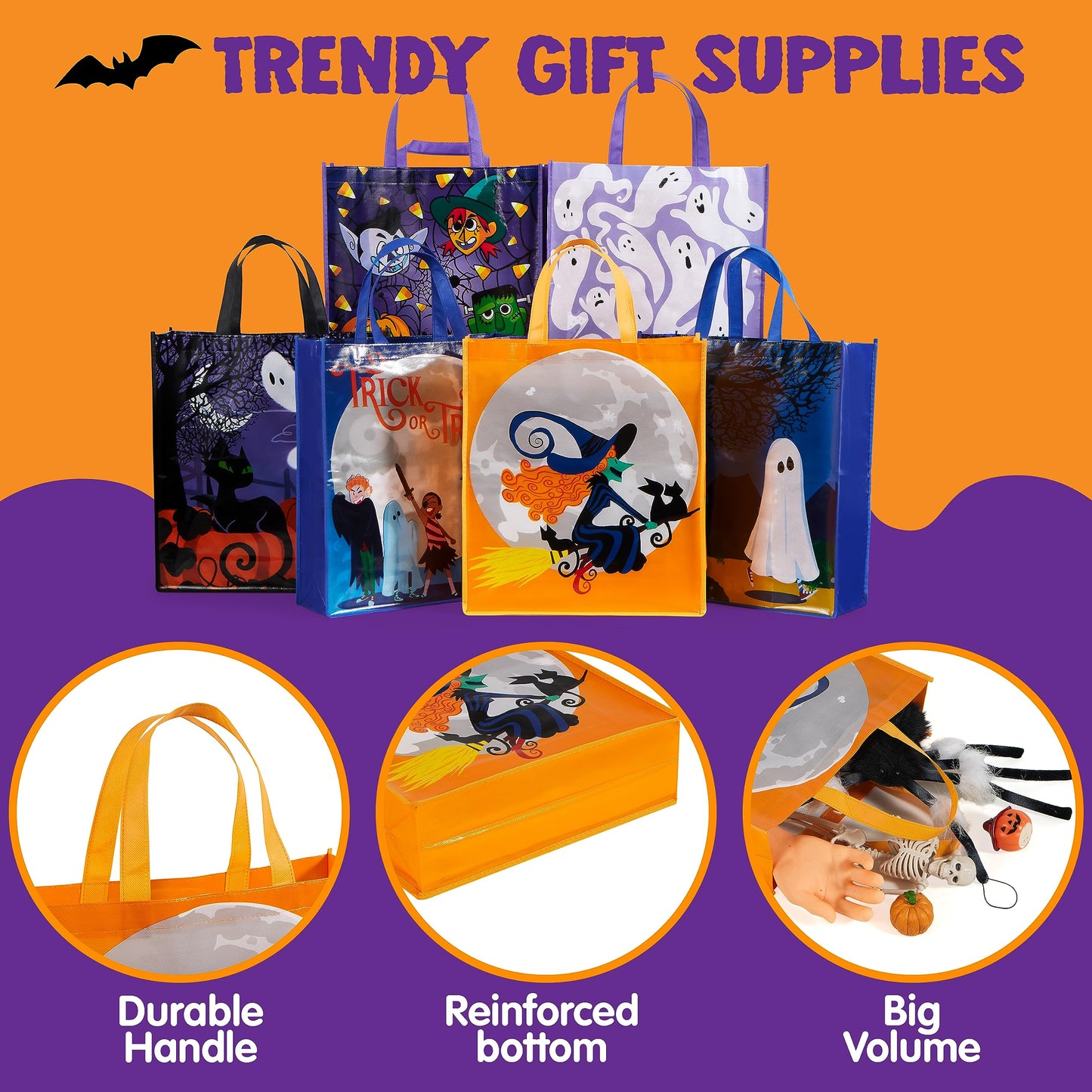 JOYIN 12PCS Halloween Large Treat Goody Tote Bags, 17” x 15” Halloween Candy Gift Bags Bulk, Goodie Snack Baggies for Kids Trick or Treating, School Classroom Gifts, Party Favor Supplies in 6 Designs