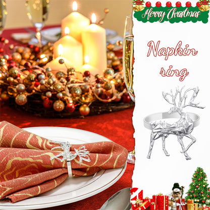 FKSWTV 6 Pack 3D Silver Reindeer Elk Napkin Rings Metal Holiday Fall Thanksgiving Christmas Halloween Wedding Home Table Decorations