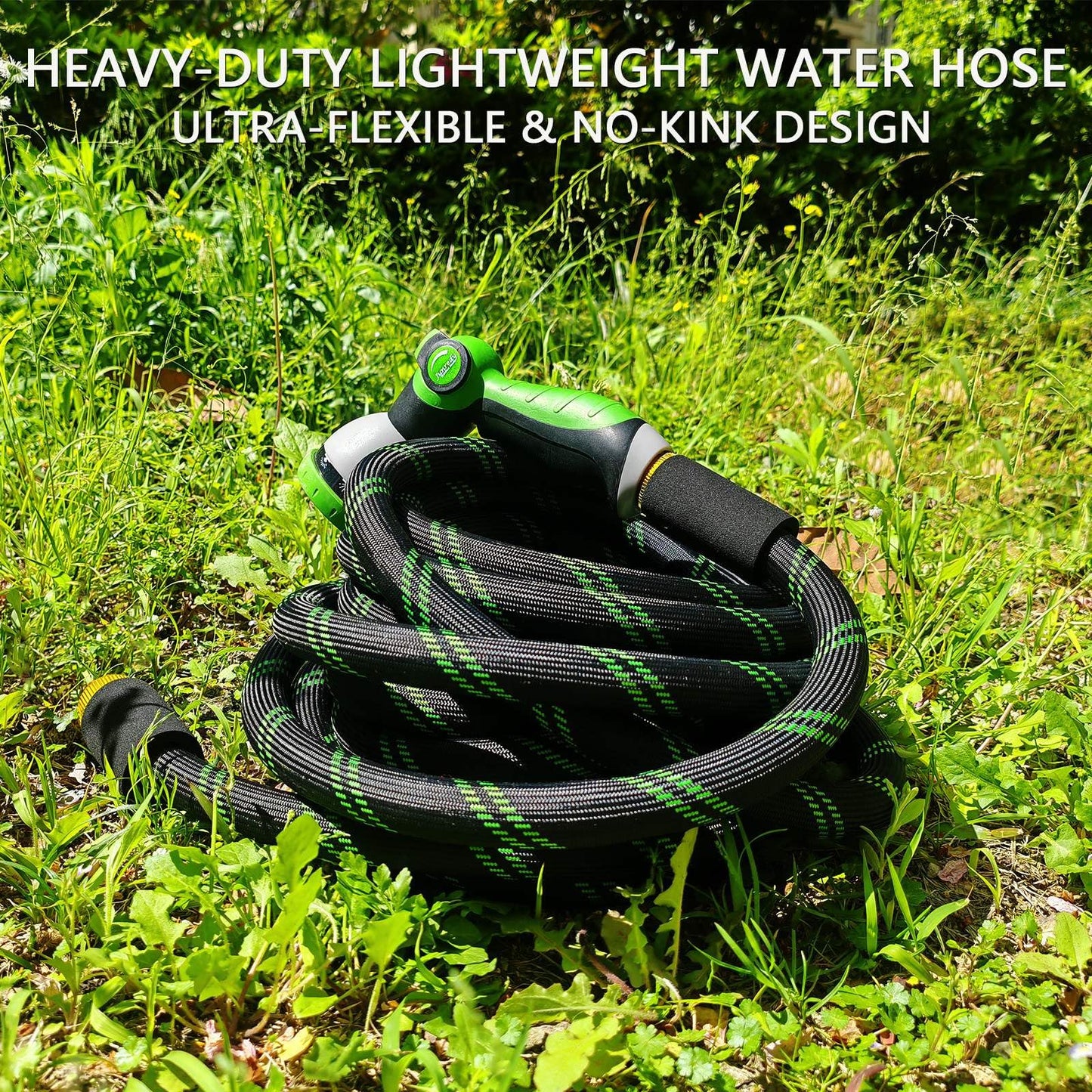 Junredy Garden Hose 25 FT, NON-EXPANDABLE Heavy-Duty Flexible & Lightweight Water Hose with 10-Function Nozzle, No-Kink Design, Leak-Proof Super Fabric, Solid Fittings for Lawn, Car, RV, Outdoor