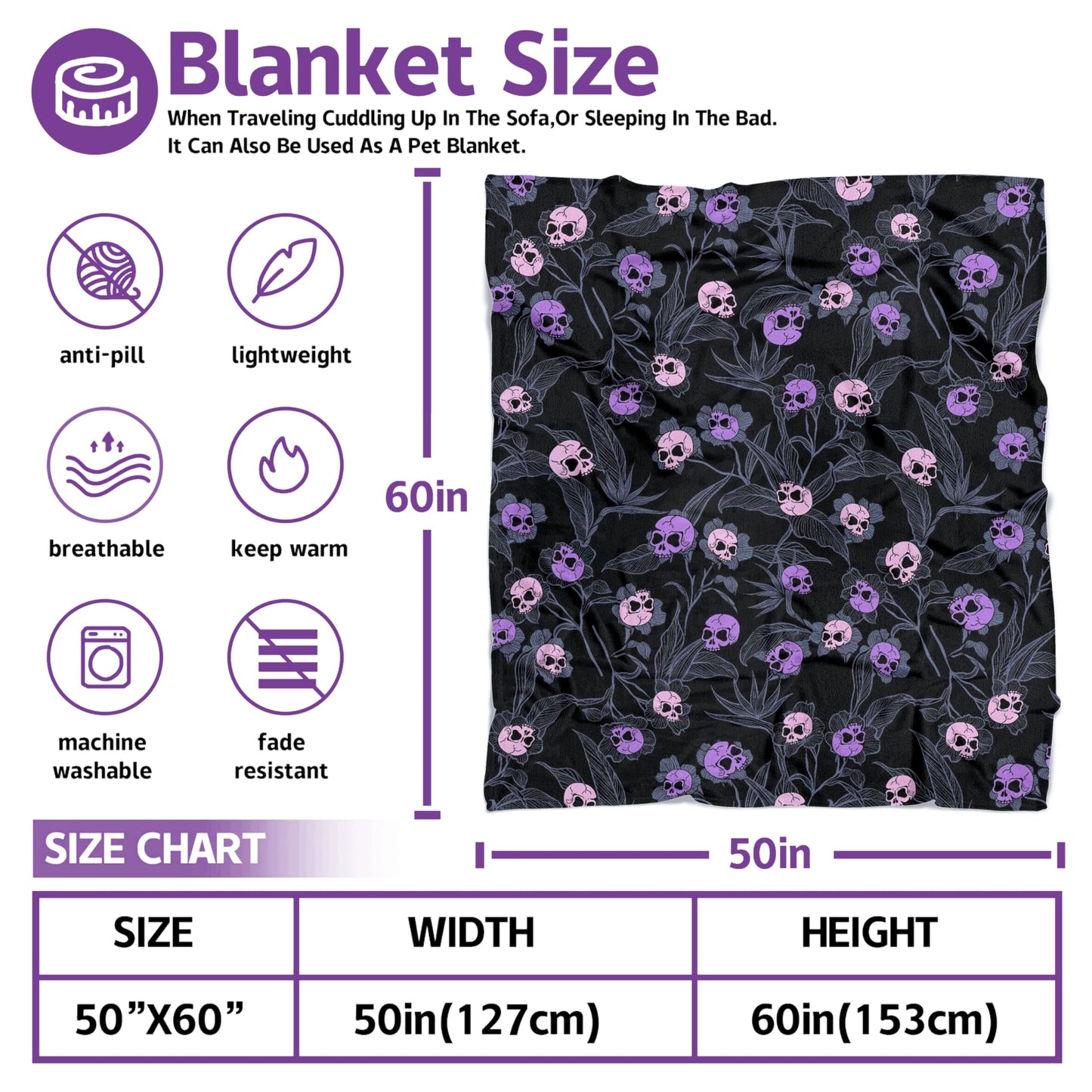 Halloween Goth Skull Throw Blanket 50x60 Inch Gothic Skeleton Blankets Soft Lightweight Cozy Plush Blanket for Halloween Decor Gifts