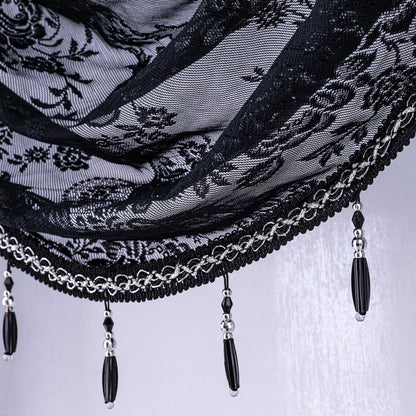 Huierxun Halloween Black Lace Waterfall Window Valance with Bead Tassels Floral Embroidered Valance Curtains Semi Sheer Rod Pocket Valance/Swags for Bedroom/Living Room/Kitchen/Basement(Black,39"x41")