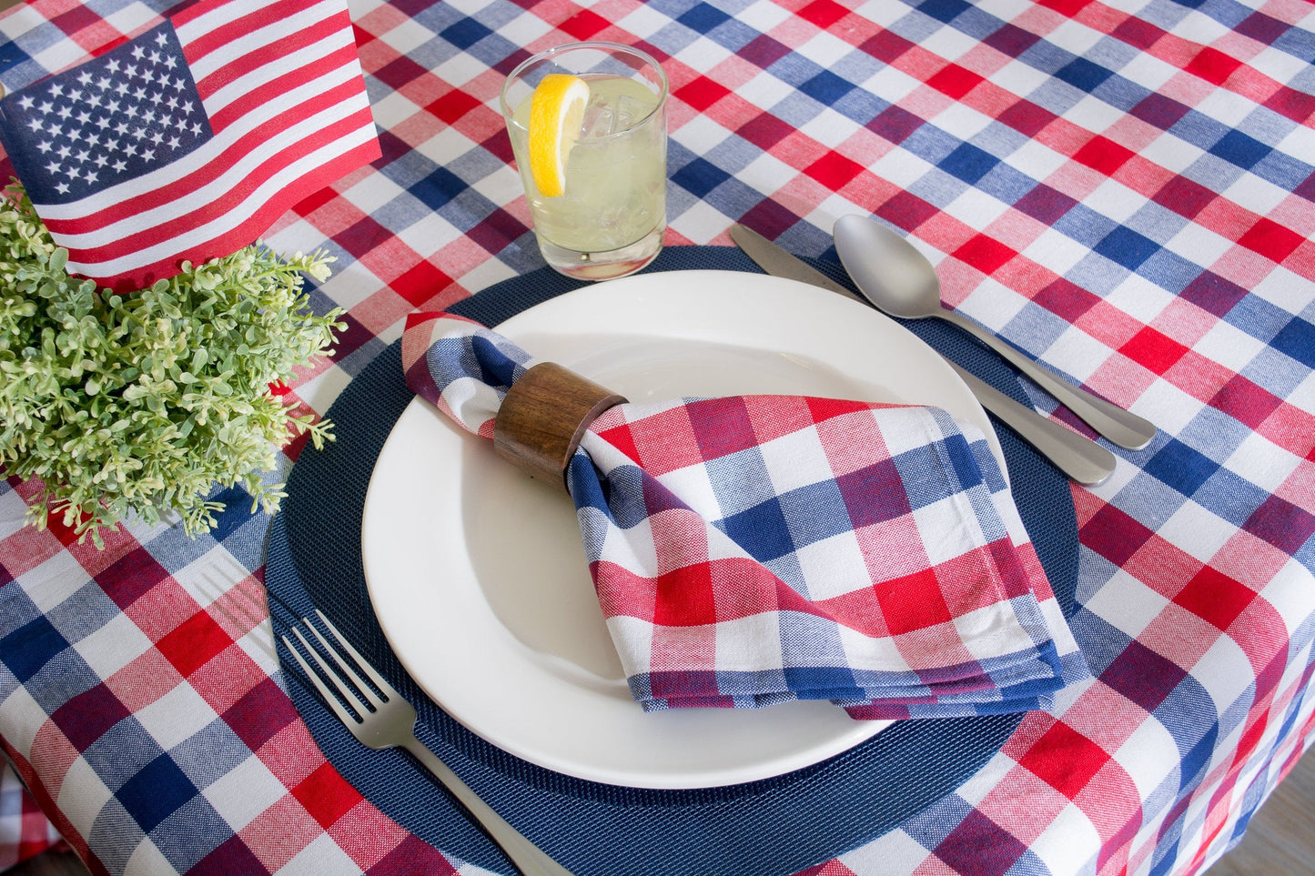 DII 100% Cotton, Machine Washable, Dinner, Summer & Picnic Tablecloth, 60 x 84, Red, White and Blue Check, Seats 6 to 8 People