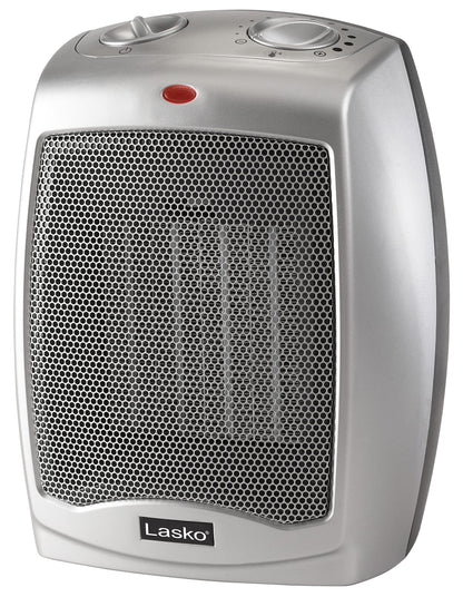 Lasko Desktop Electric Ceramic Space Heater with Adjustable Thermostat, 2 Heat Settings and Fan Only Mode, 9.2 Inches, Silver, 754200