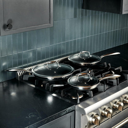 HexClad Hybrid Nonstick 6-Piece Fry Pan Set, 8, 10, and 12-Inch Frying Pans with Tempered Glass Lids, Stay-Cool Handles, Dishwasher-Friendly, Induction Ready, Compatible with All Cooktops