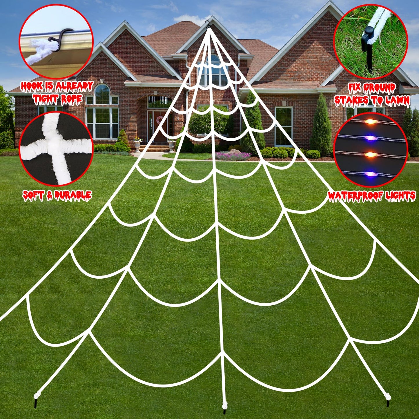 Halloween Decorations Spider Webs Lights: 200 Purple & Orange LED Halloween Lights Decor Outdoor, 17.4Ft Giant Spiderweb with 8 Lighting Modes Waterproof & Timer, Halloween Yard Decorations Outside