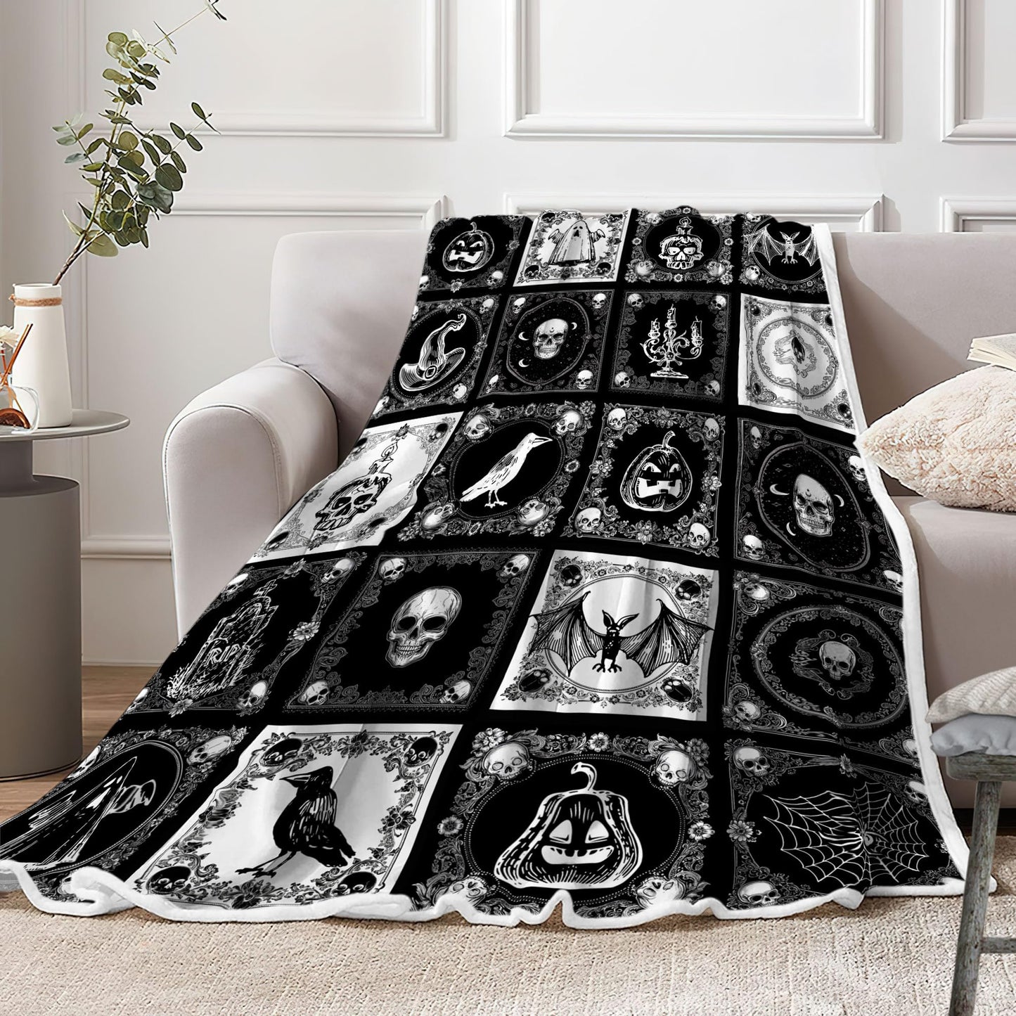 Halloween Throw Blanket, Gothic Black Pumpkin Bat Ghost Skull Webs Witch's Hat Checkered Horror Blankets, Warm Soft Spooky Nights Blanket for Home Living Room Sofa Couch Bed,50X60IN