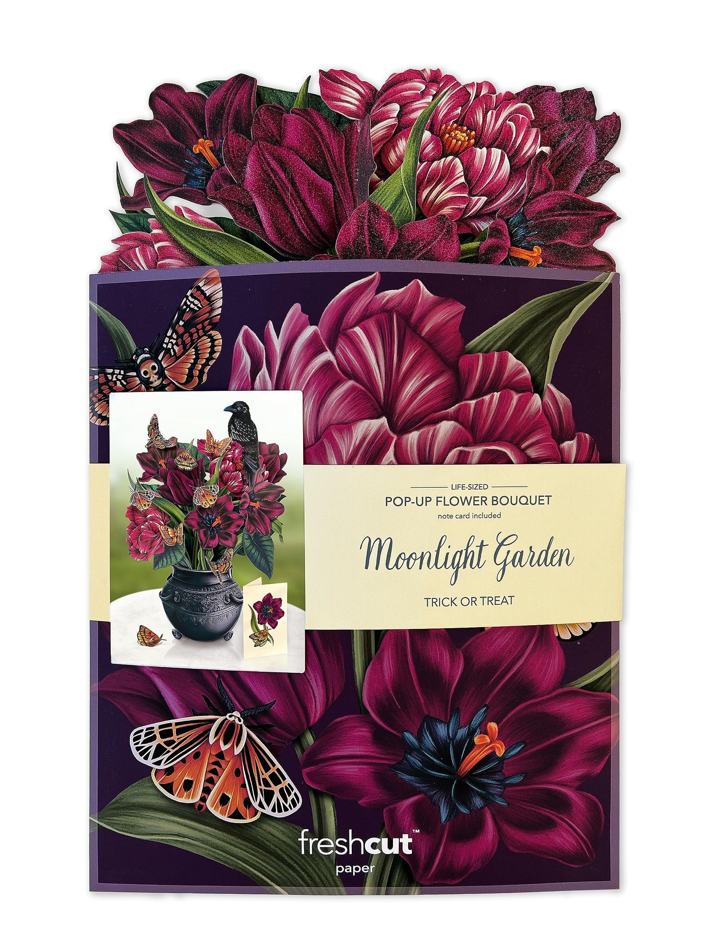 Freshcut Paper Pop Up Cards, Moonlight Garden, 12 Inch Life Sized Forever Flower Bouquet 3D Popup Greeting Card, Halloween Cards, Birthday Card, Blank Notecard & Envelope