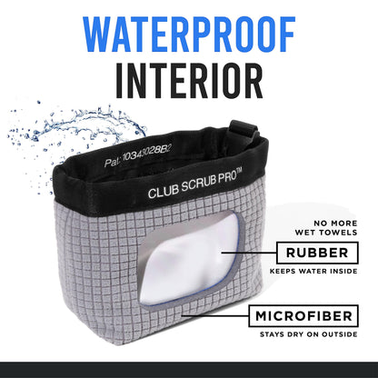 Club Scrub Golf Club and Golf Ball Cleaning Bag, Waterproof Clean Face Technology Liner, Perfectly Dry Microfiber Exterior, Detachable Clip, Machine Washable, Cleans Club Grooves, Gray Pro