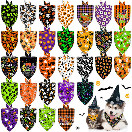 30 Pcs Halloween Dog Bandanas Bulk Adjustable Dog Scarves Bibs Pumpkin Bat Ghost Puppy Bandanas Pet Neckerchief Washable Holiday Halloween Bandanas for Small Medium Large Dog Pet Grooming Accessories