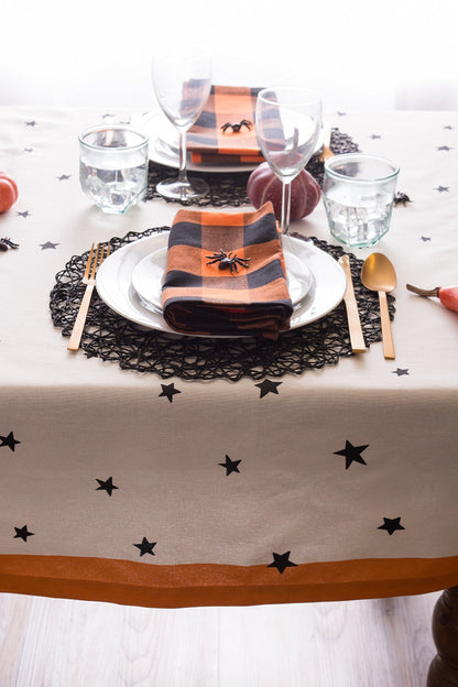DII Halloween Tabletop Collection Bold Black Stars/Spooky Spider with Orange Border on Off-White Natural Background, Machine Washable, 52x52 Tablecloth