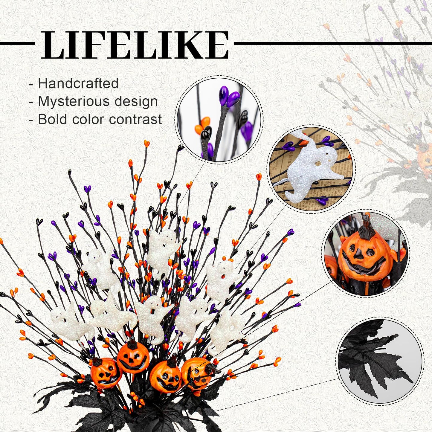 12 PCs Spooky Halloween Flowers Artificial 17 Inches Orange Black Floral Stems Gothic Halloween Pumpkin Stems with Ghost Floral Picks for Vase Floral Arrangements Table Centerpieces Decorations