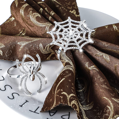 12 Pieces Spider Napkin Rings Halloween Napkin Ring Spider Web Napkins Rings Set Metal Spooky Napkins Holder Serviette Buckle Party Supplies for Halloween Dinning Costume(Silver,with Rhinestone)